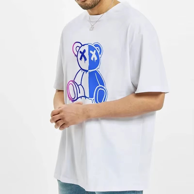 2024 Summer Fashion Cartoon Bear Print Mens Tshirt New Solid Colour O-Neck T-Shirt Street Hip-Hop Tops Classic Casual Tees