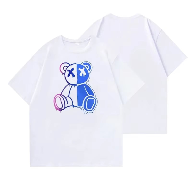 2024 Summer Fashion Cartoon Bear Print Mens Tshirt New Solid Colour O-Neck T-Shirt Street Hip-Hop Tops Classic Casual Tees