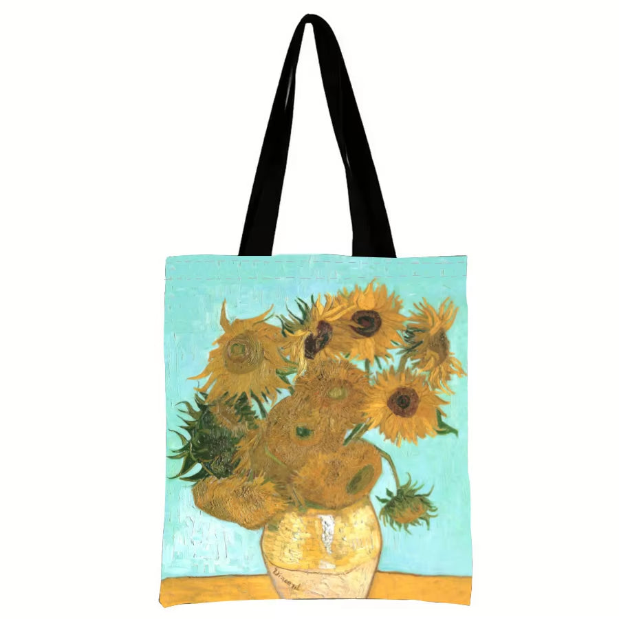 Van Gogh Series Canvas Bag Oil Painting Starry Night Sunflower Apricot Flower Coffee Holder Handbag Lightweight Shoulder Bag