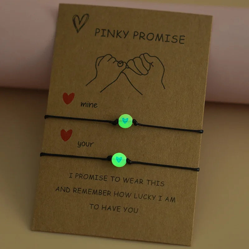 Pulseras de Promesa Luminosas para Parejas - Juego de 2 Unidades con Cuentas de Corazón y Cuerda Ajustable