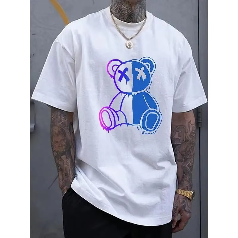 2024 Summer Fashion Cartoon Bear Print Mens Tshirt New Solid Colour O-Neck T-Shirt Street Hip-Hop Tops Classic Casual Tees