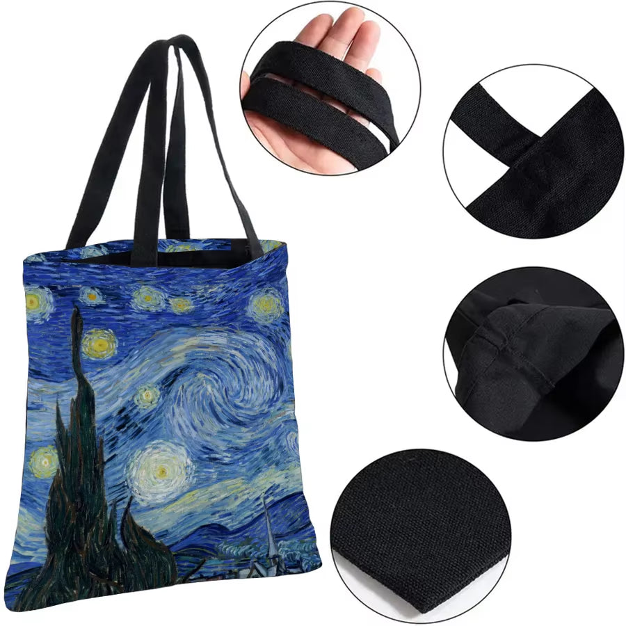 Van Gogh Series Canvas Bag Oil Painting Starry Night Sunflower Apricot Flower Coffee Holder Handbag Lightweight Shoulder Bag