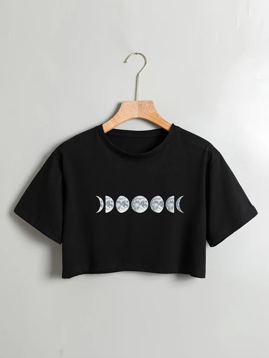 Moon Print Crew Neck T-Shirt Casual Short Sleeve Crop Top for Spring & Summer Women'S Clothing