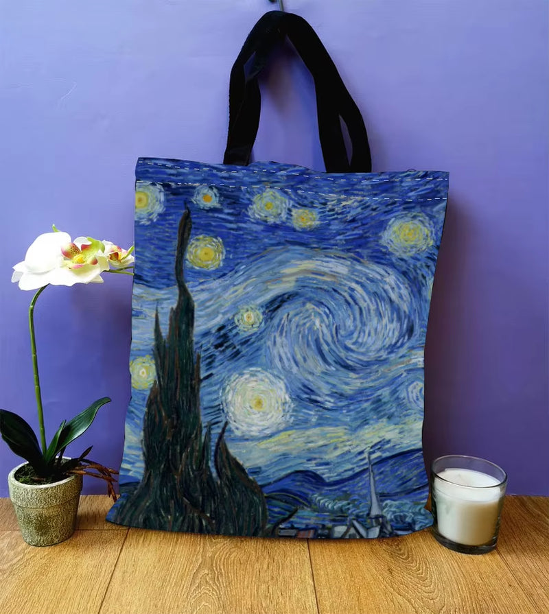 Van Gogh Series Canvas Bag Oil Painting Starry Night Sunflower Apricot Flower Coffee Holder Handbag Lightweight Shoulder Bag