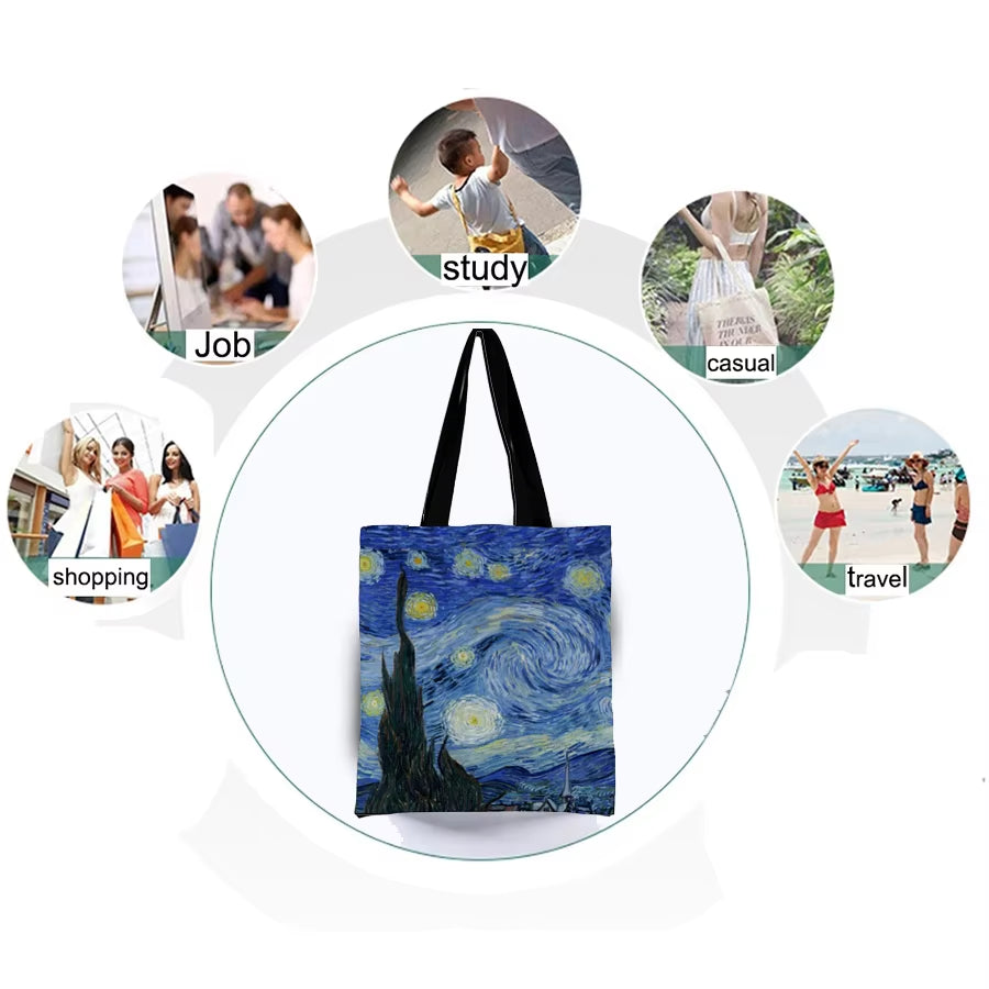 Van Gogh Series Canvas Bag Oil Painting Starry Night Sunflower Apricot Flower Coffee Holder Handbag Lightweight Shoulder Bag